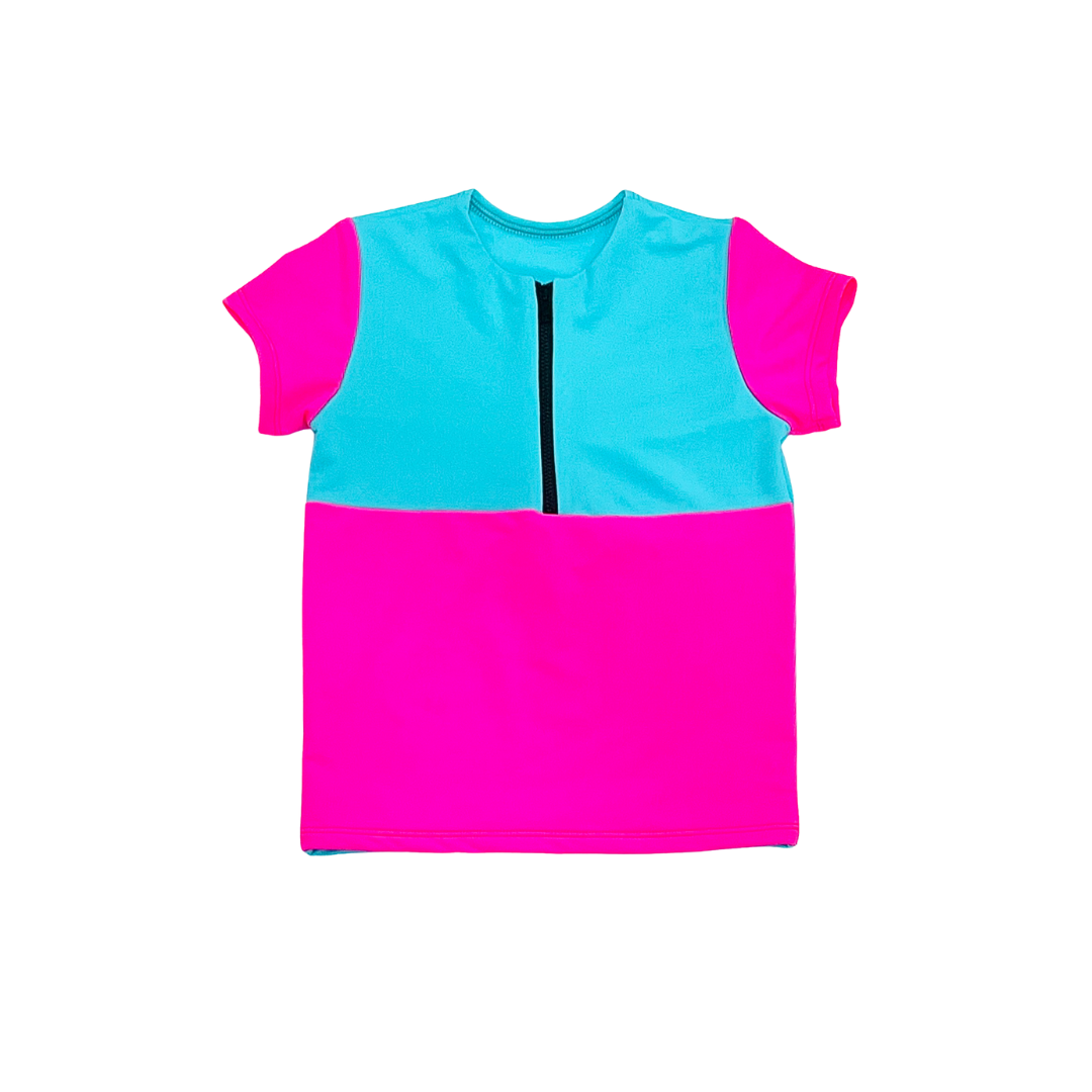 Neon Pink and Teal Color Block Girls Swim Top