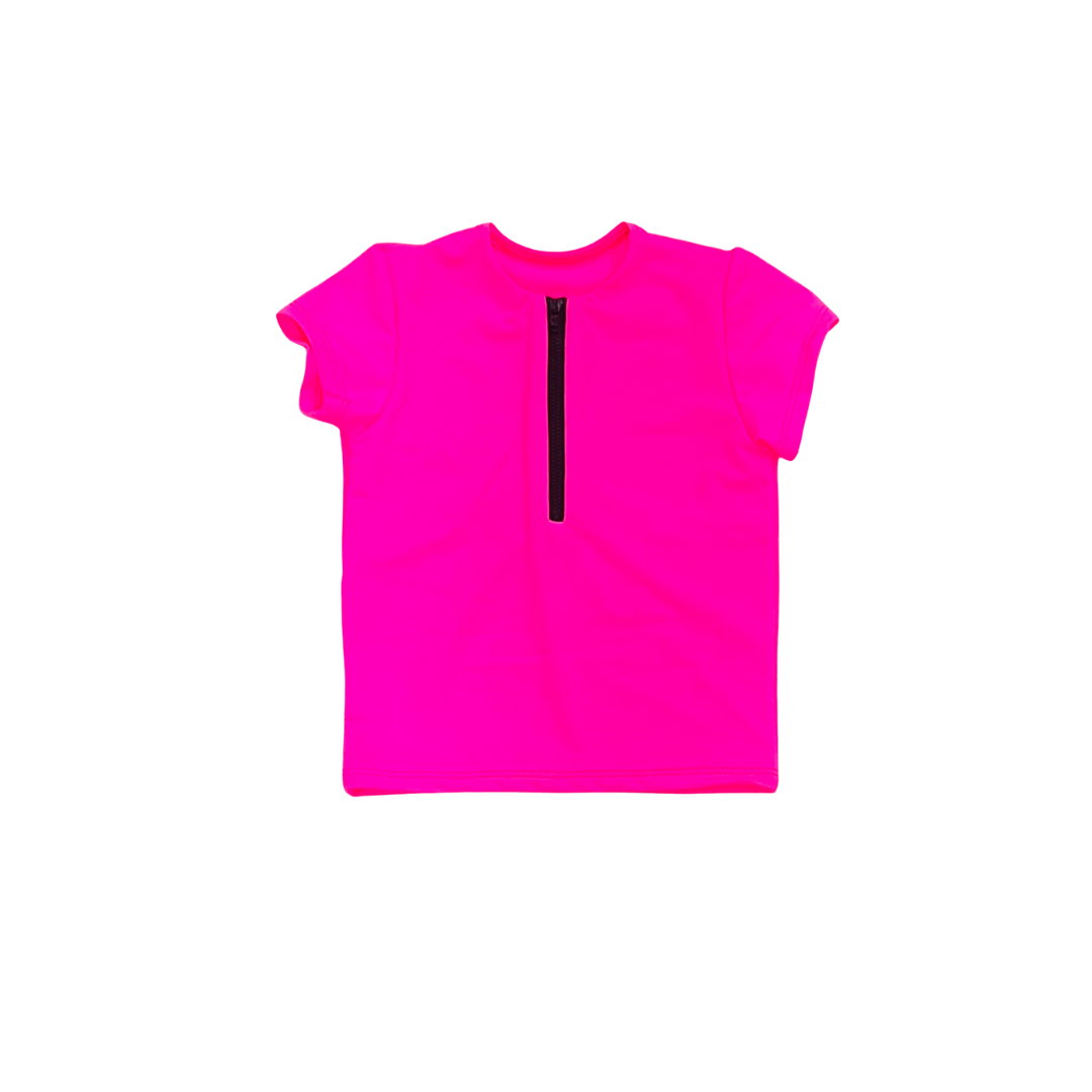 Neon Pink Cap Sleeve Girls Swim Top