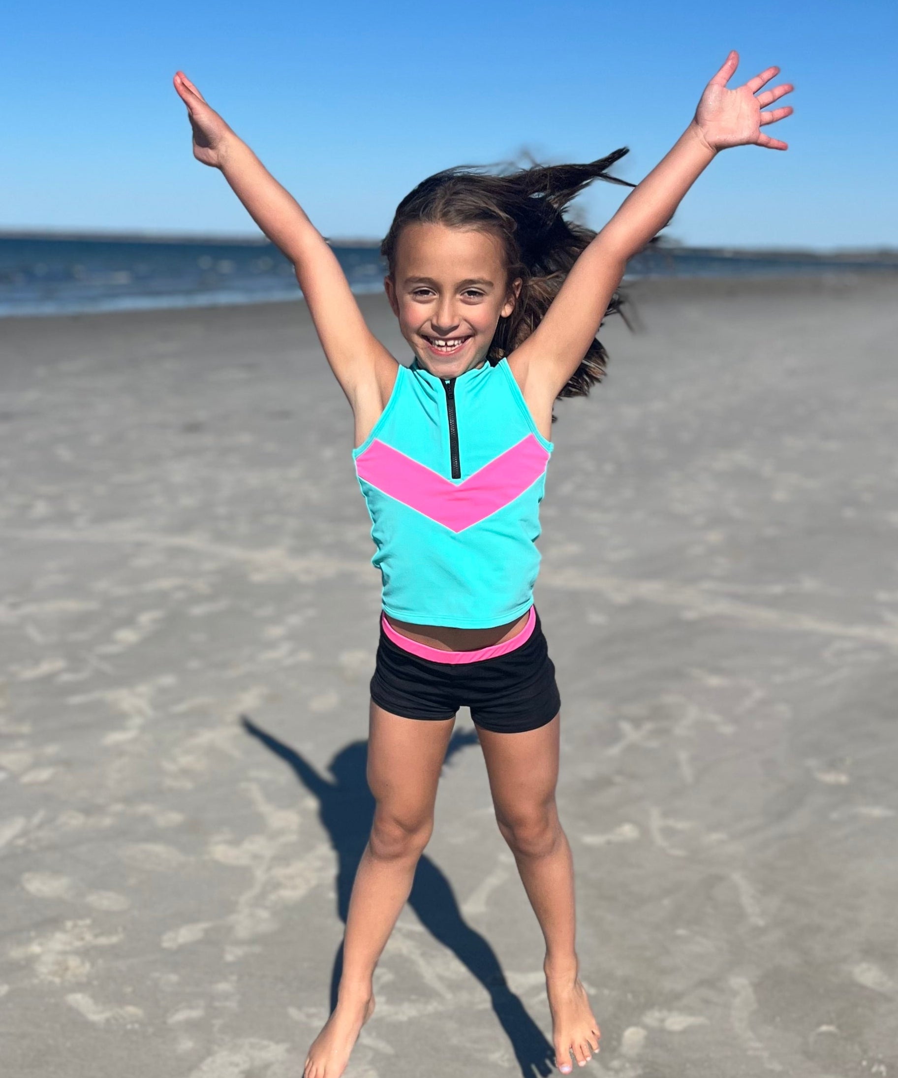 Neon Teal and Pink Girls Sporty Swim Tank with Black Swim Shorts