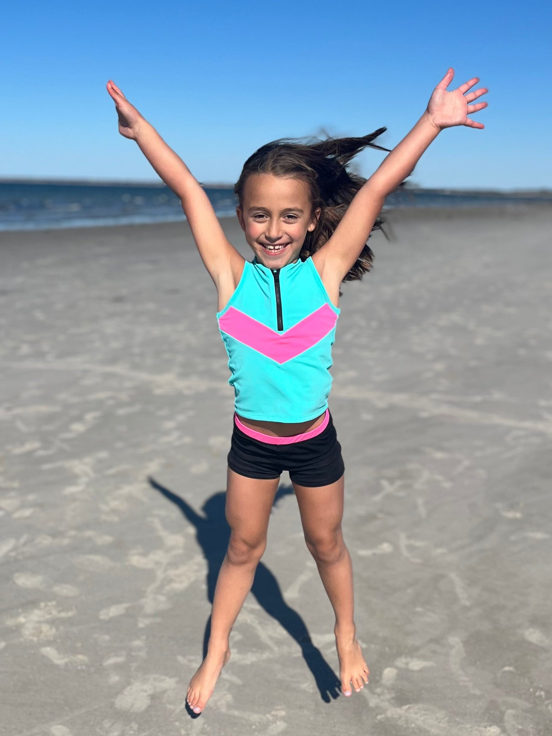 Neon Teal and Pink Girls Sporty Swim Tank with Black Swim Shorts