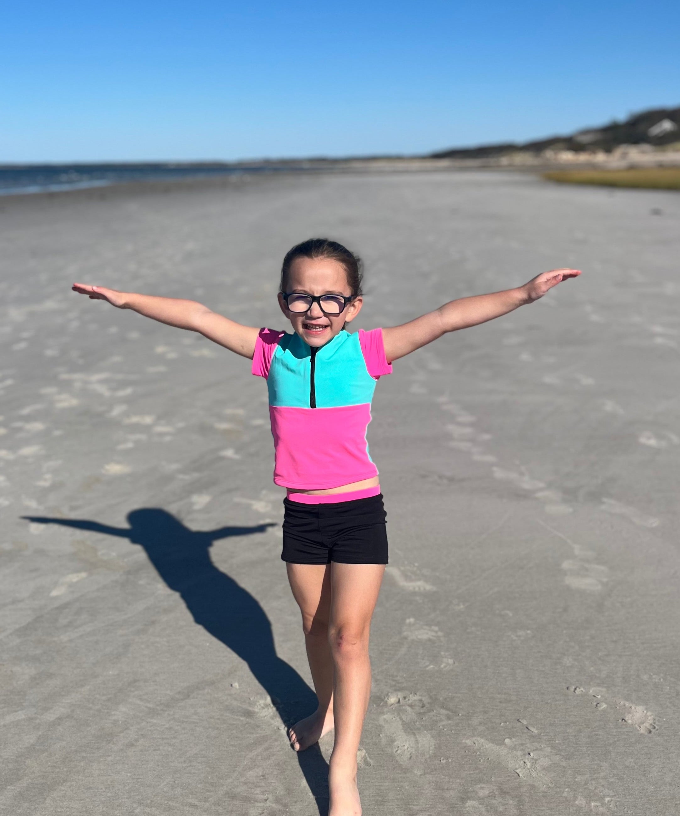 Neon Pink and Teal Girls Sporty Swim Top with Black Swim Shorts