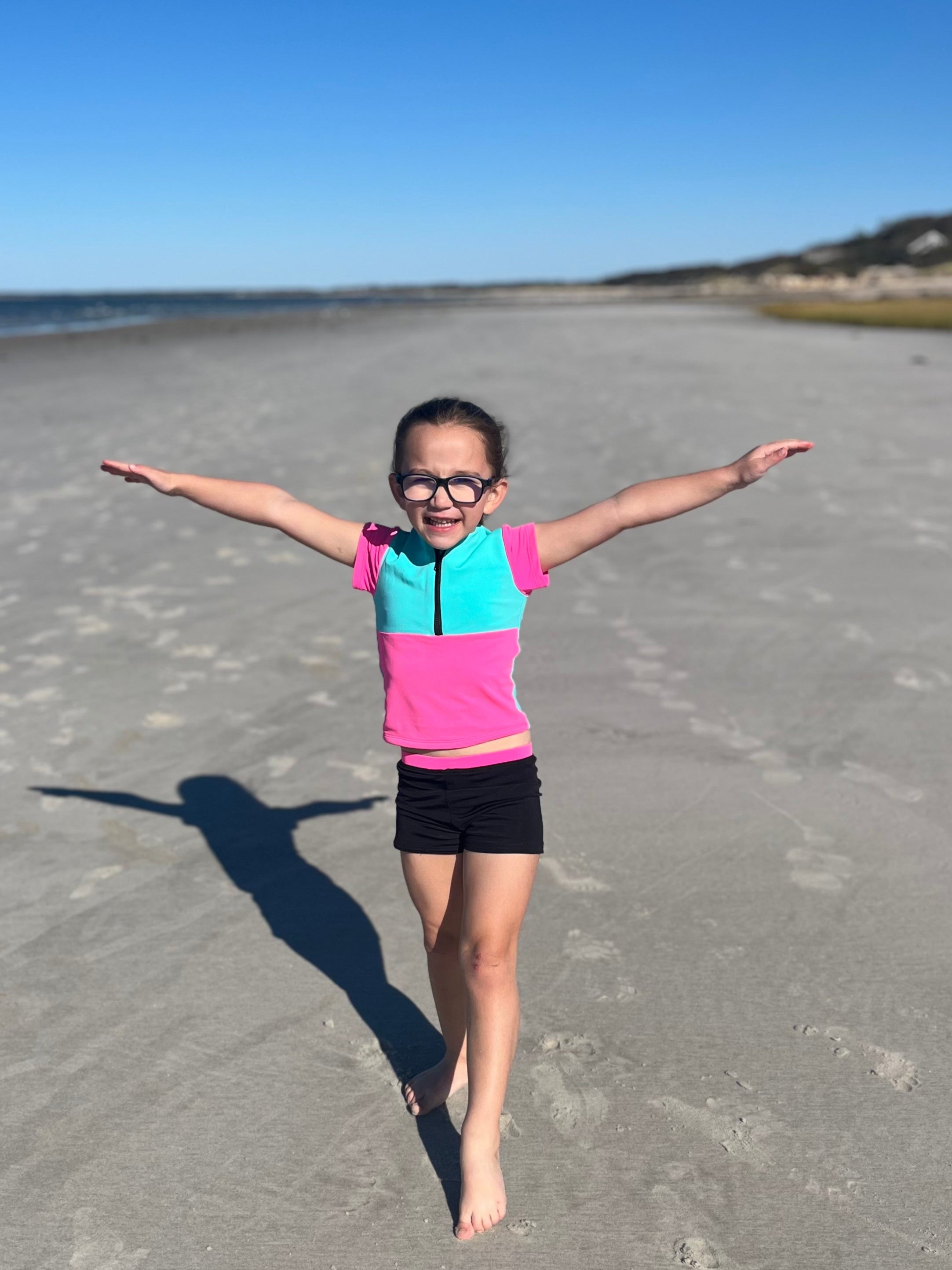 Neon Pink and Teal Girls Sporty Swim Top with Black Swim Shorts