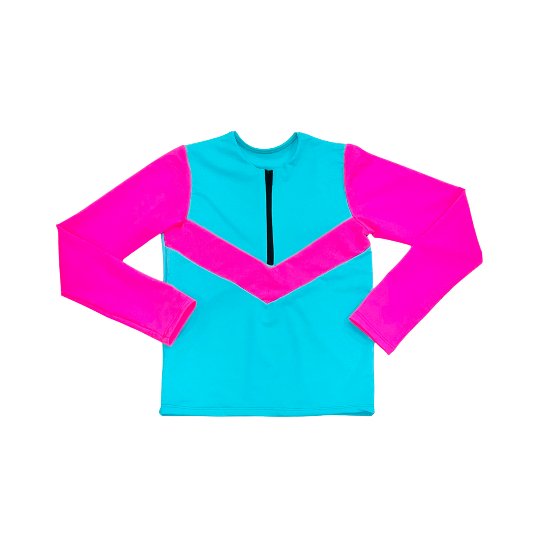 Neon Pink and Teal Sporty Girls Long Sleeve Swim Top