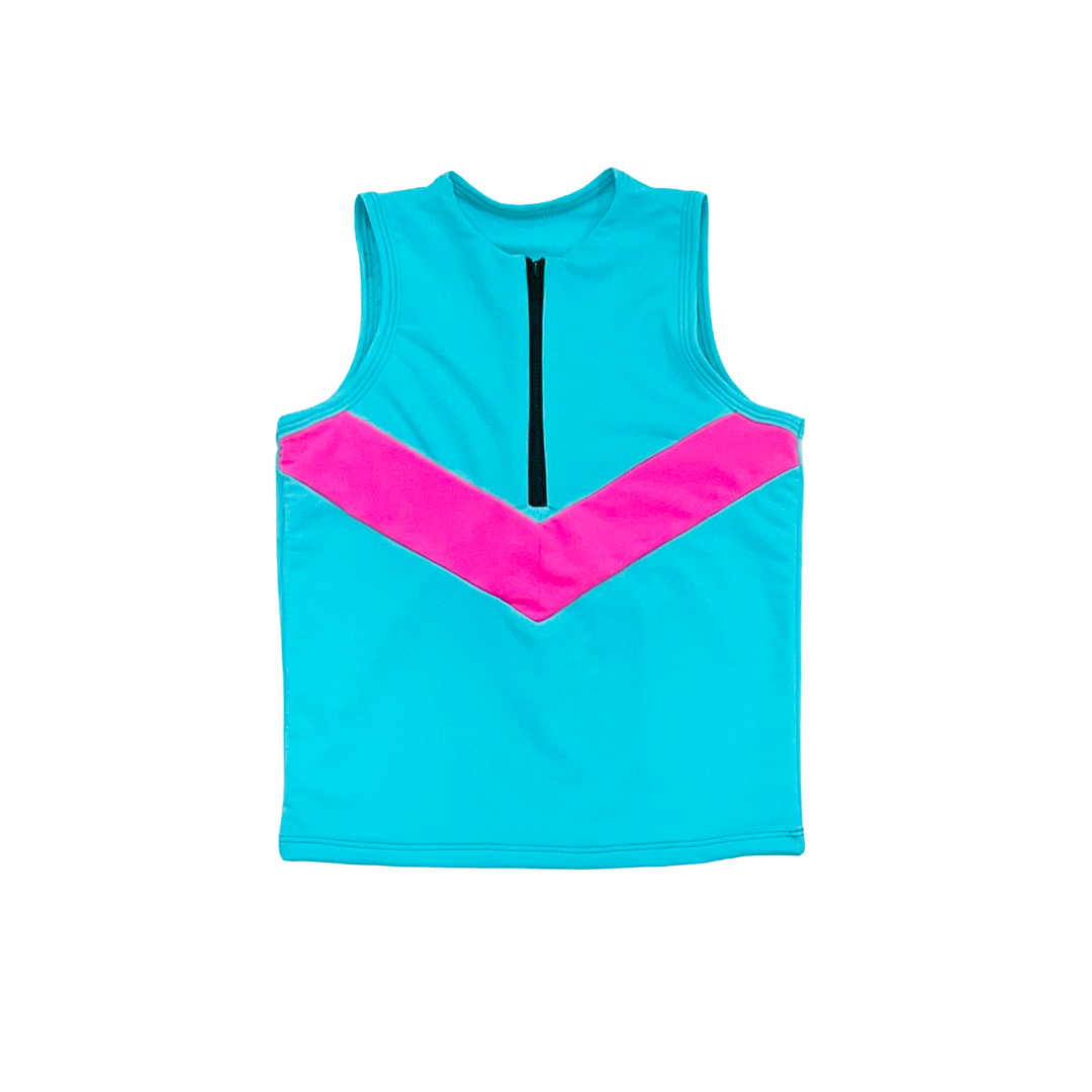 Neon Teal and Pink Girls Sporty Swim Tank